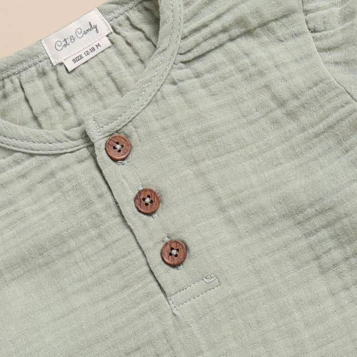 Cot &amp; Candy Baby Organic Muslin Long Sleeve Henley Tshirt With Lounge Pant Set-Sage + Oatmeal