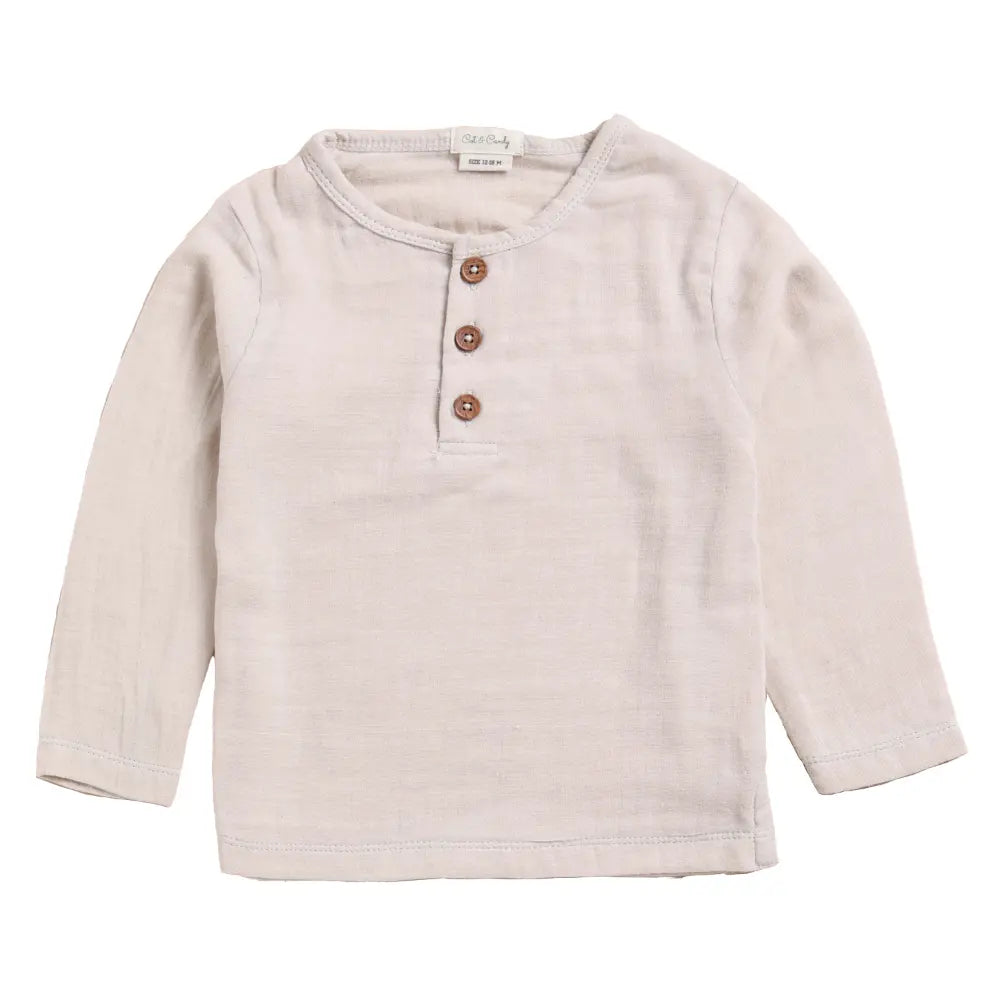 Cot &amp; Candy Baby Organic Muslin Long Sleeve Henley T-Shirt-Oatmeal