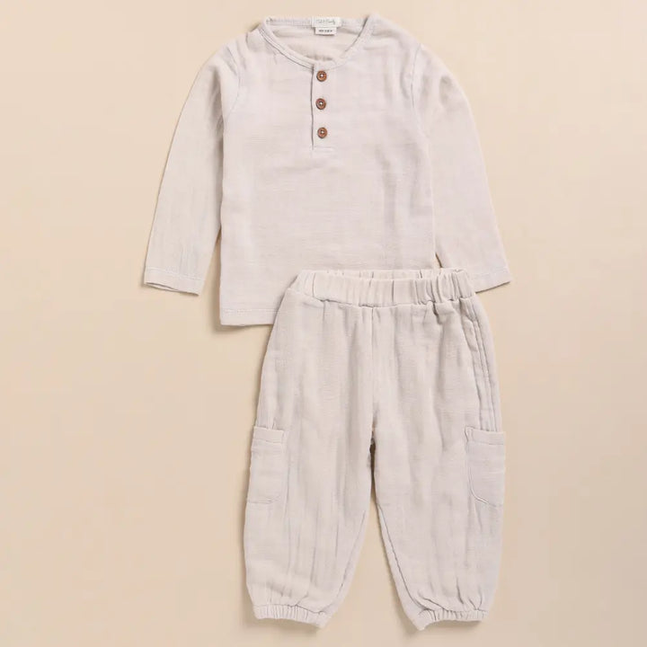 Cot &amp; Candy Baby Organic Muslin Long Sleeve Henley Tshirt With Lounge Pant Set-Oatmeal
