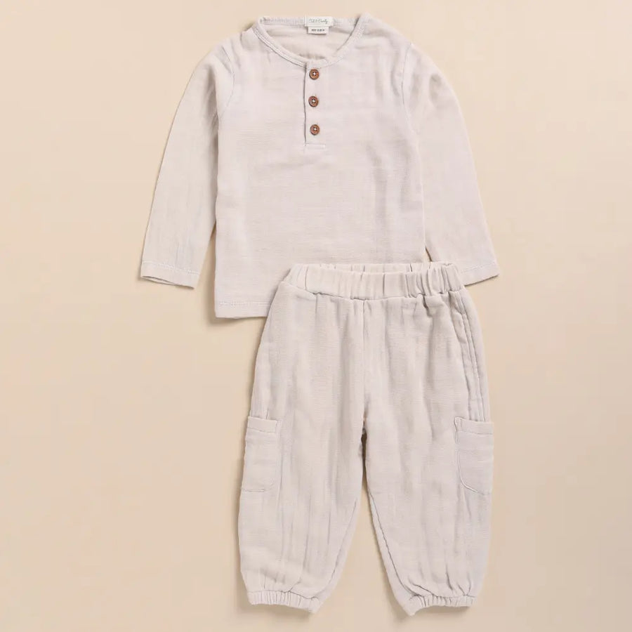 Cot & Candy Baby Organic Muslin Long Sleeve Henley Tshirt With Lounge Pant Set-Oatmeal
