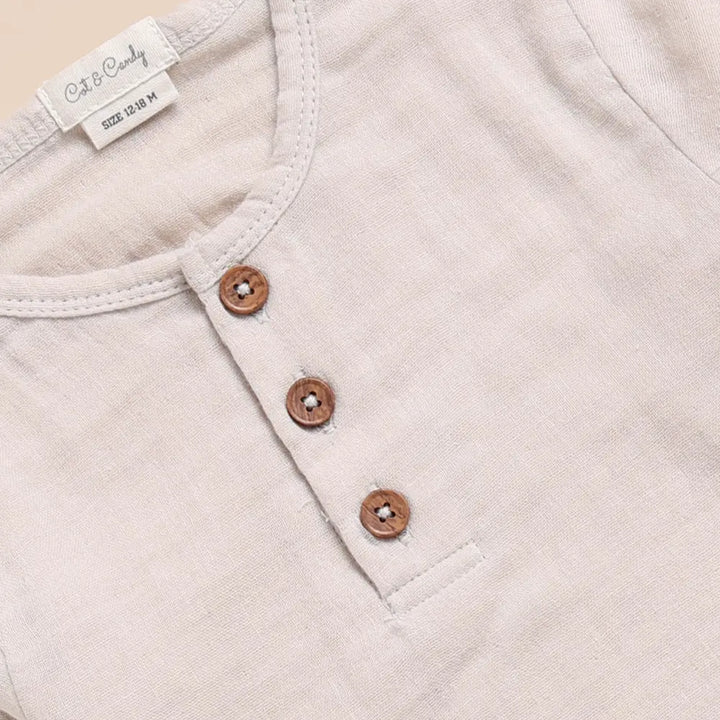 Cot &amp; Candy Baby Organic Muslin Long Sleeve Henley Tshirt With Lounge Pant Set-Oatmeal