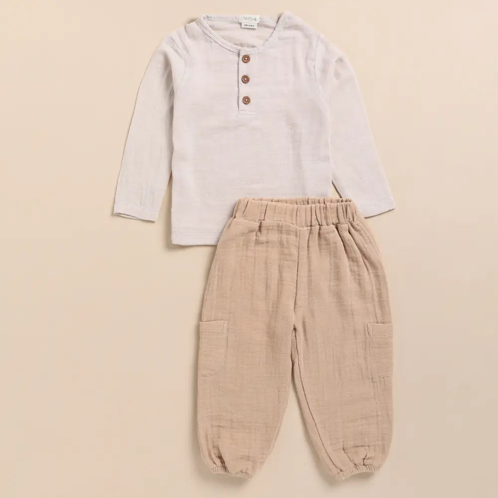 Cot &amp; Candy Baby Organic Muslin Long Sleeve Henley Tshirt With Lounge Pant Set-Oatmeal + Latte