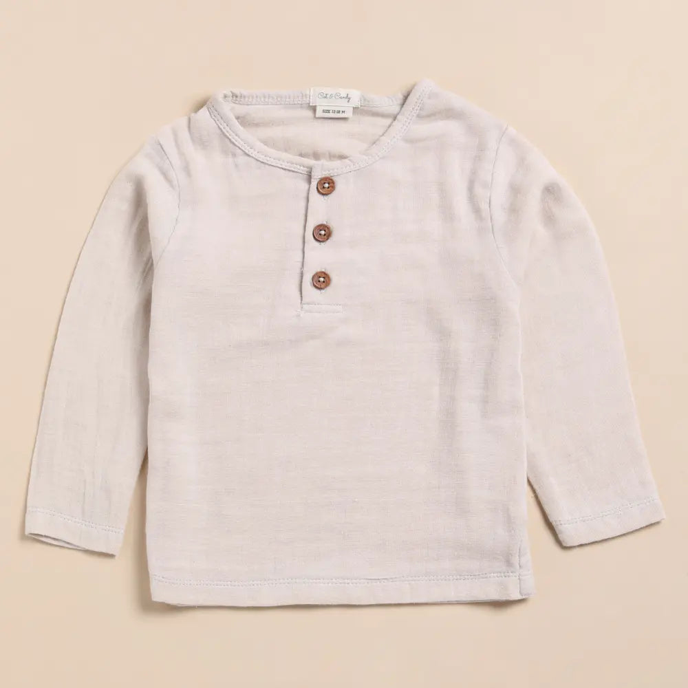 Cot &amp; Candy Baby Organic Muslin Long Sleeve Henley Tshirt With Lounge Pant Set-Oatmeal + Latte