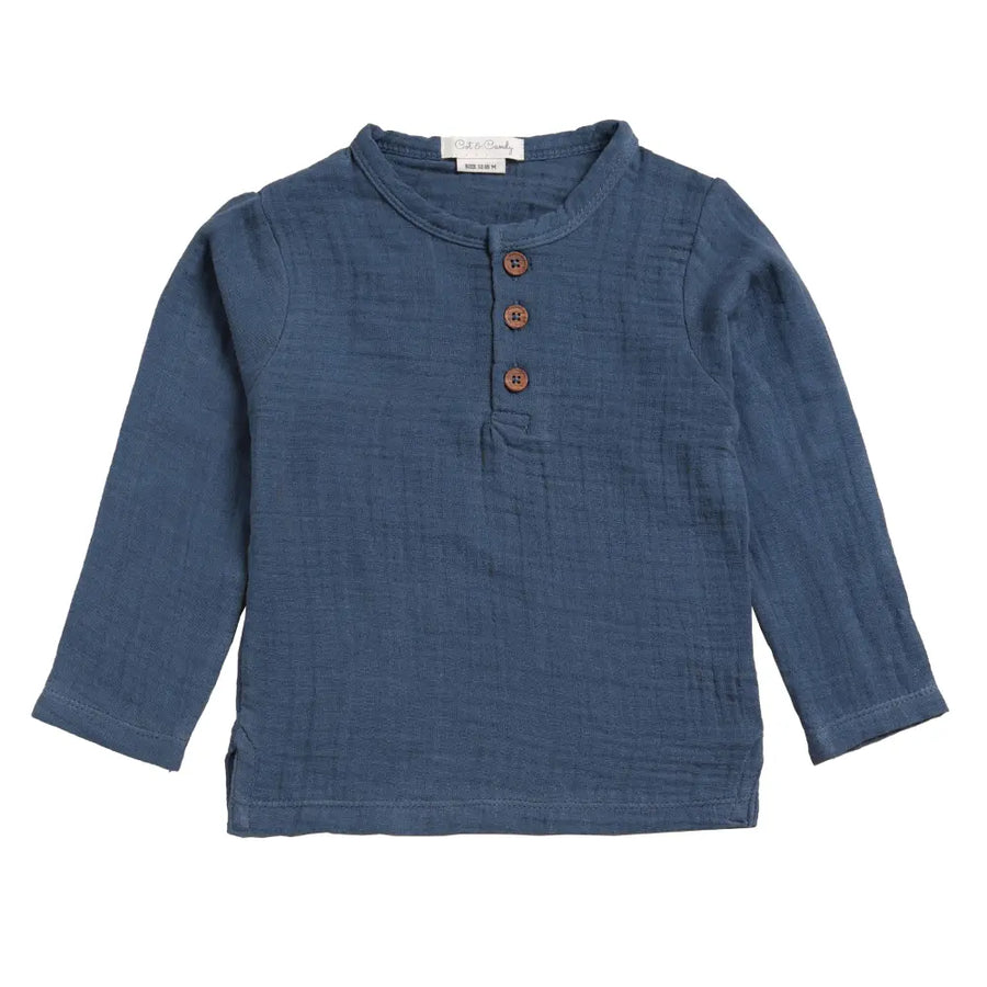 Cot & Candy Baby Organic Muslin Long Sleeve Henley T-Shirt-Navy