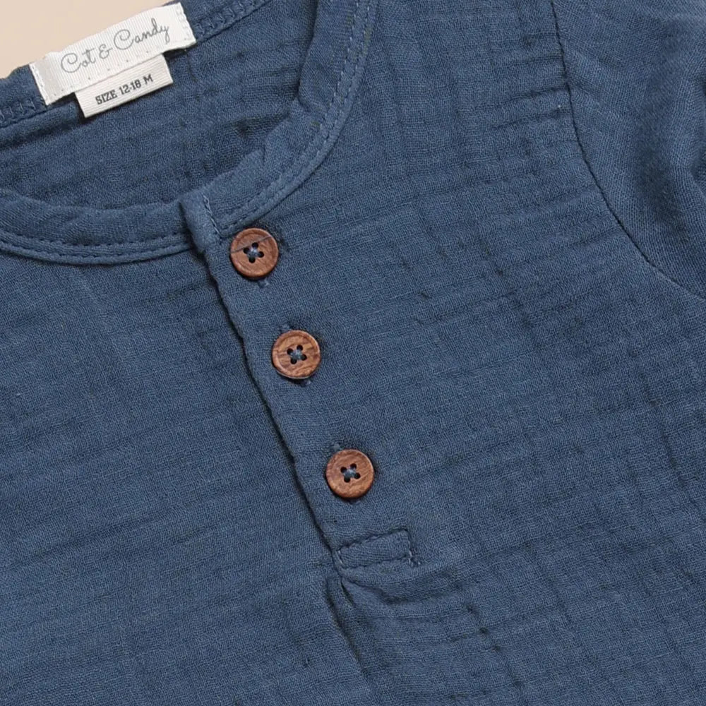 Cot &amp; Candy Baby Organic Muslin Long Sleeve Henley T-Shirt-Navy