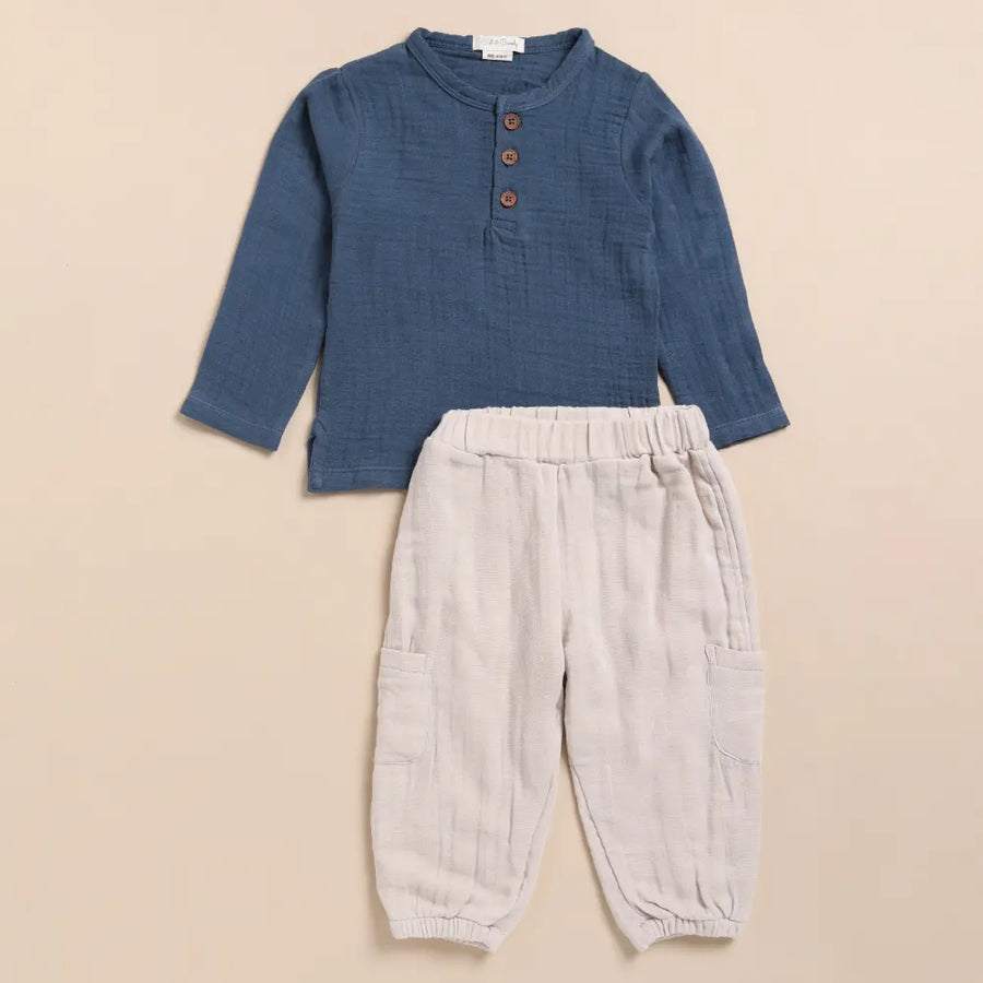 Cot & Candy Baby Organic Muslin Long Sleeve Henley Tshirt With Lounge Pant Set-Navy + Oatmeal