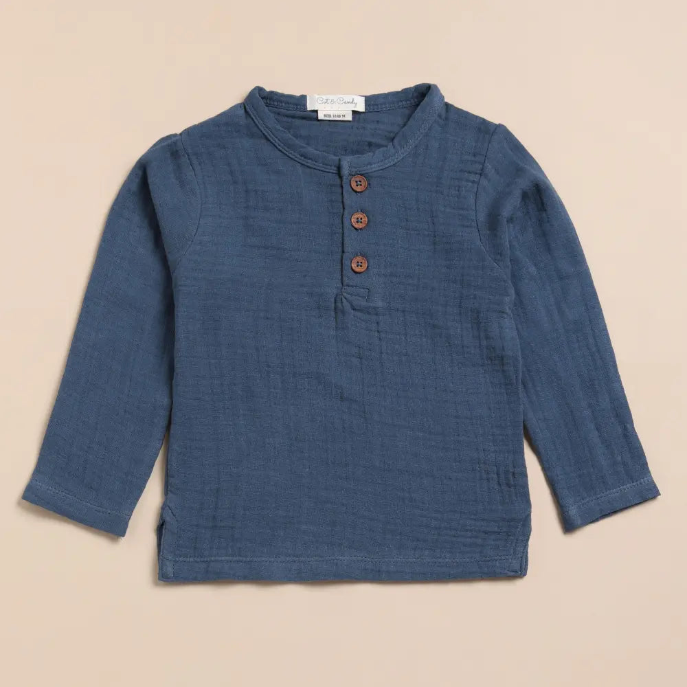 Cot &amp; Candy Baby Organic Muslin Long Sleeve Henley Tshirt With Lounge Pant Set-Navy + Oatmeal