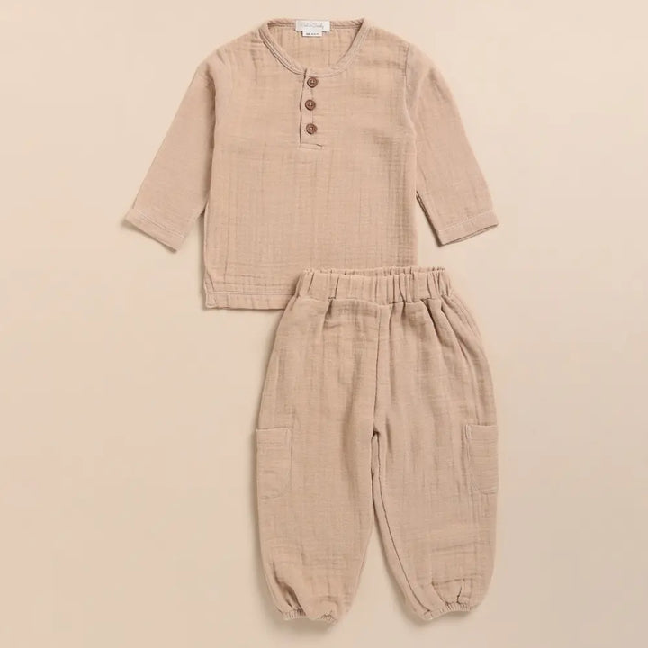 Cot &amp; Candy Baby Organic Muslin Long Sleeve Henley Tshirt With Lounge Pant Set-Latte
