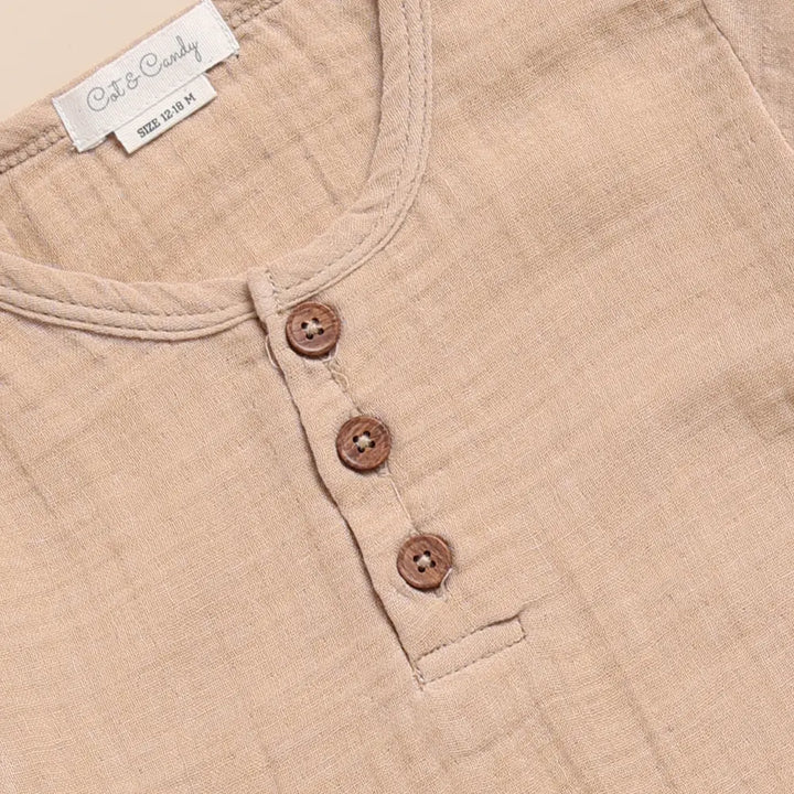 Cot &amp; Candy Baby Organic Muslin Long Sleeve Henley Tshirt With Lounge Pant Set-Latte