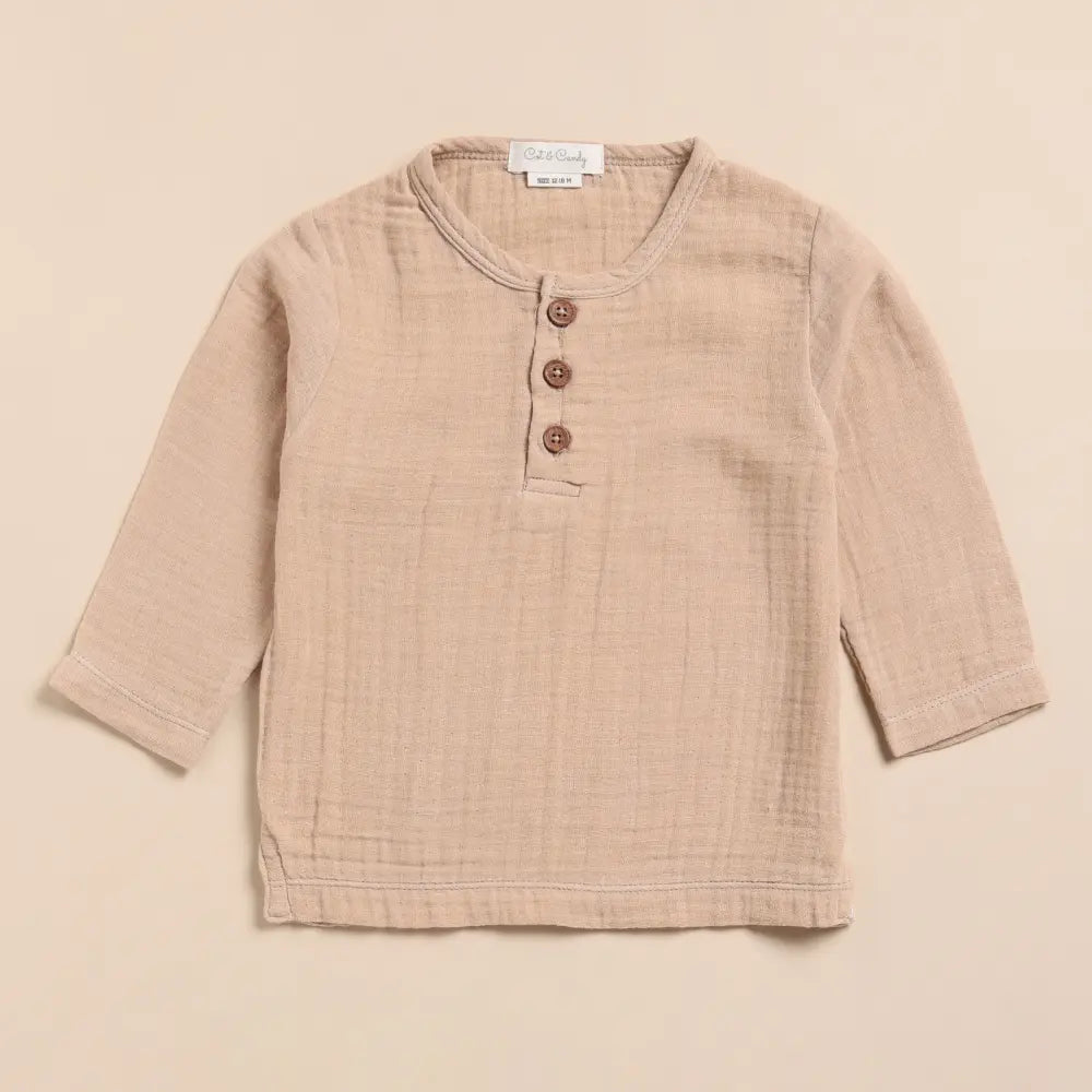 Cot &amp; Candy Baby Organic Muslin Long Sleeve Henley Tshirt With Lounge Pant Set-Latte