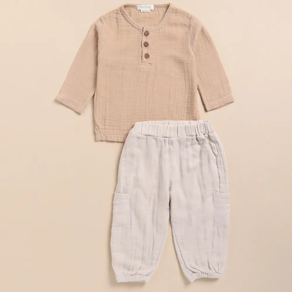 Cot &amp; Candy Baby Organic Muslin Long Sleeve Henley T-shirt With Lounge Pant Set-Latte + Oatmeal
