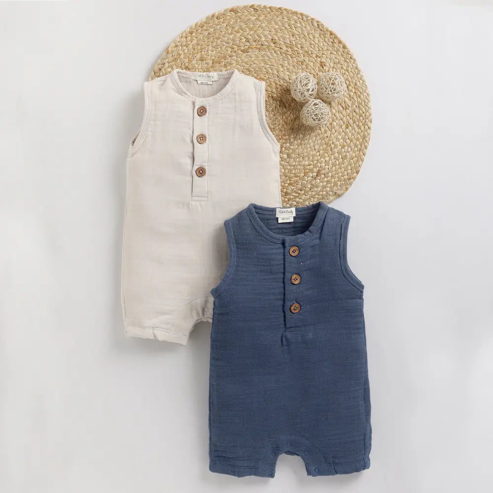 Cot &amp; Candy Baby Organic Muslin Half Romper Pack Of 2-Navy + Oatmeal
