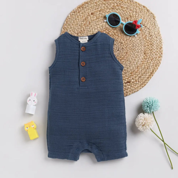 Cot &amp; Candy Baby Organic Muslin Half Romper-Navy
