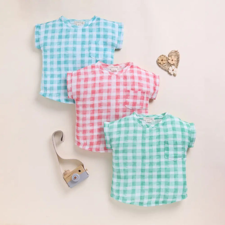 Cot &amp; Candy Baby Organic Muslin Oversized Tees Pack Of 3-Teal Check + Pink Check + Sage Check