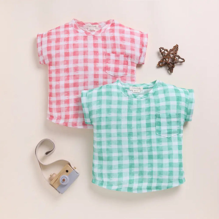 Cot &amp; Candy Baby Organic Muslin Oversized Tees Pack Of 2-Pink Check + Sage Check