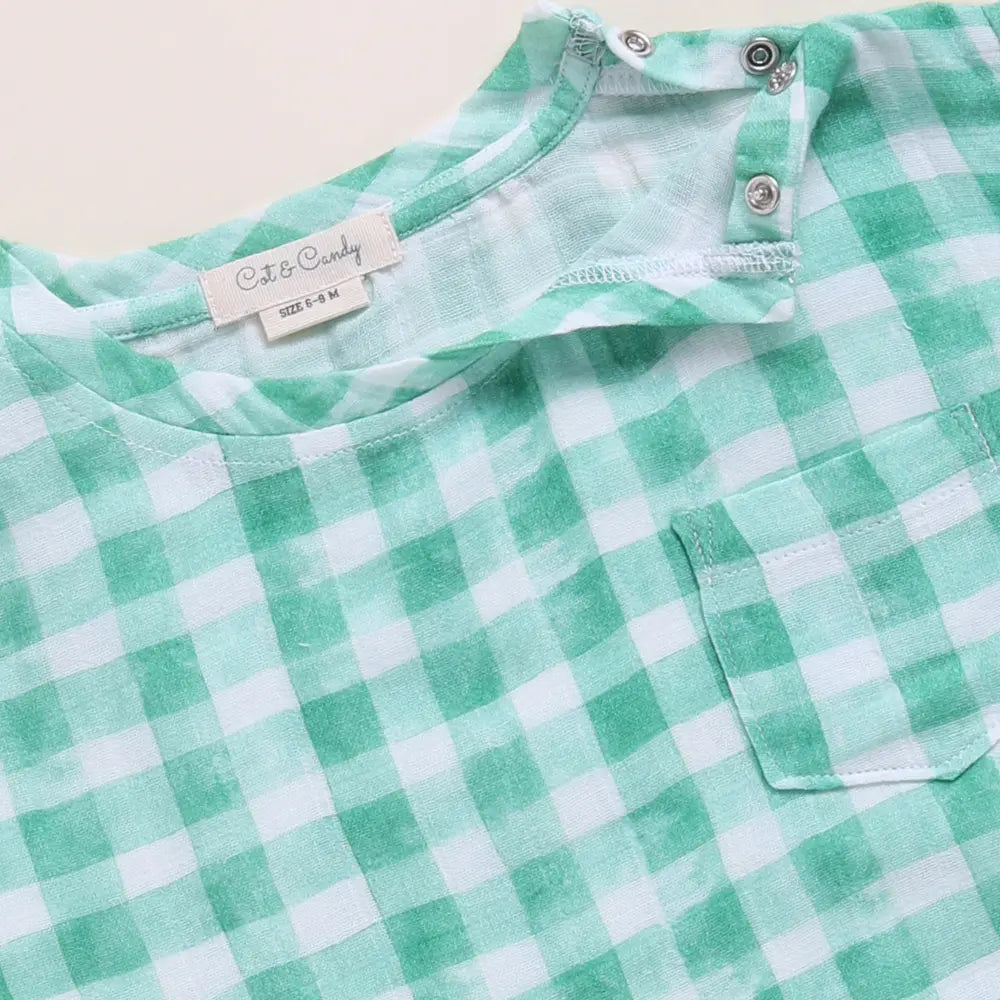 Cot &amp; Candy Baby Organic Muslin Oversized Tees Pack Of 2-Pink Check + Sage Check