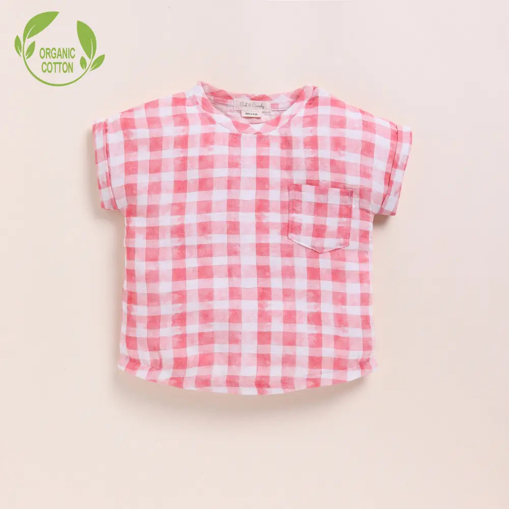Cot &amp; Candy Baby Organic Muslin Oversized Tees Pack Of 2-Pink Check + Sage Check