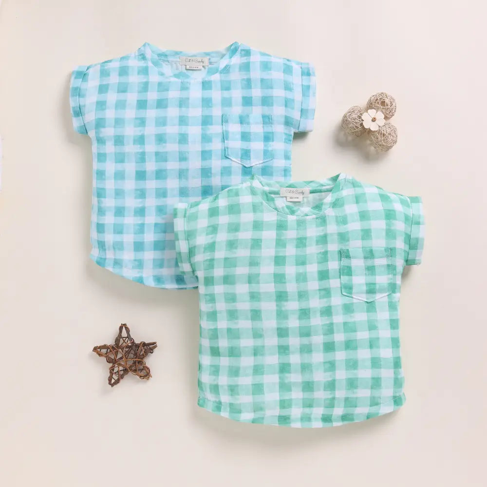 Cot &amp; Candy Baby Organic Muslin Oversized Tees Pack Of 2-Teal Check + Sage Check