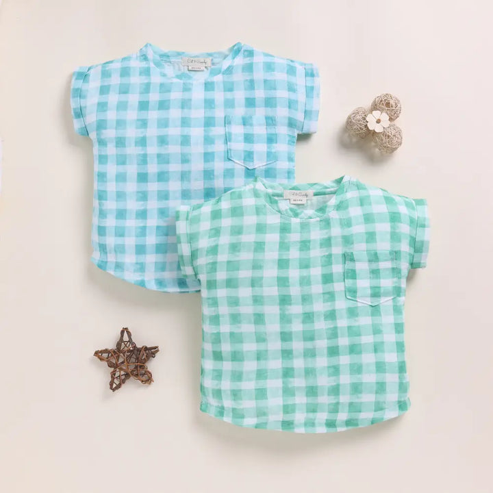 Cot &amp; Candy Baby Organic Muslin Oversized Tees Pack Of 2-Teal Check + Sage Check