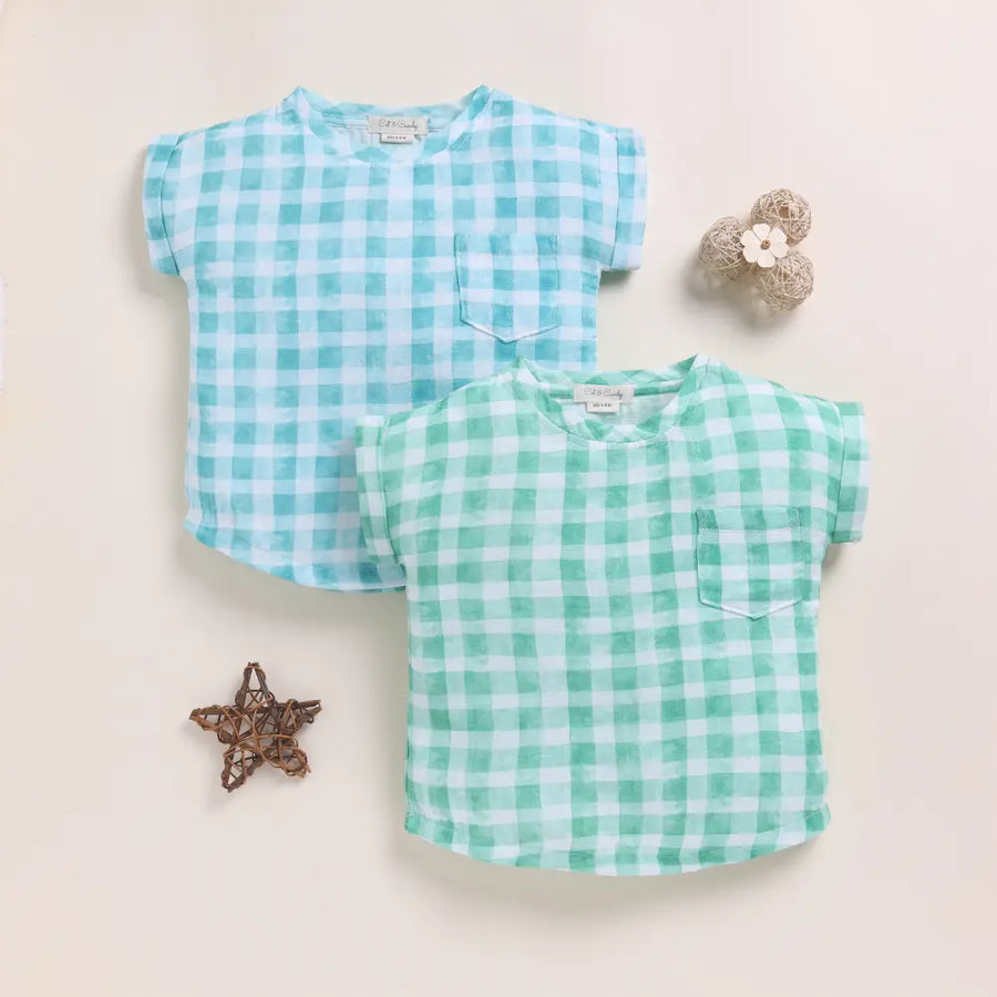 Cot & Candy Baby Organic Muslin Oversized Tees Pack Of 2-Teal Check + Sage Check