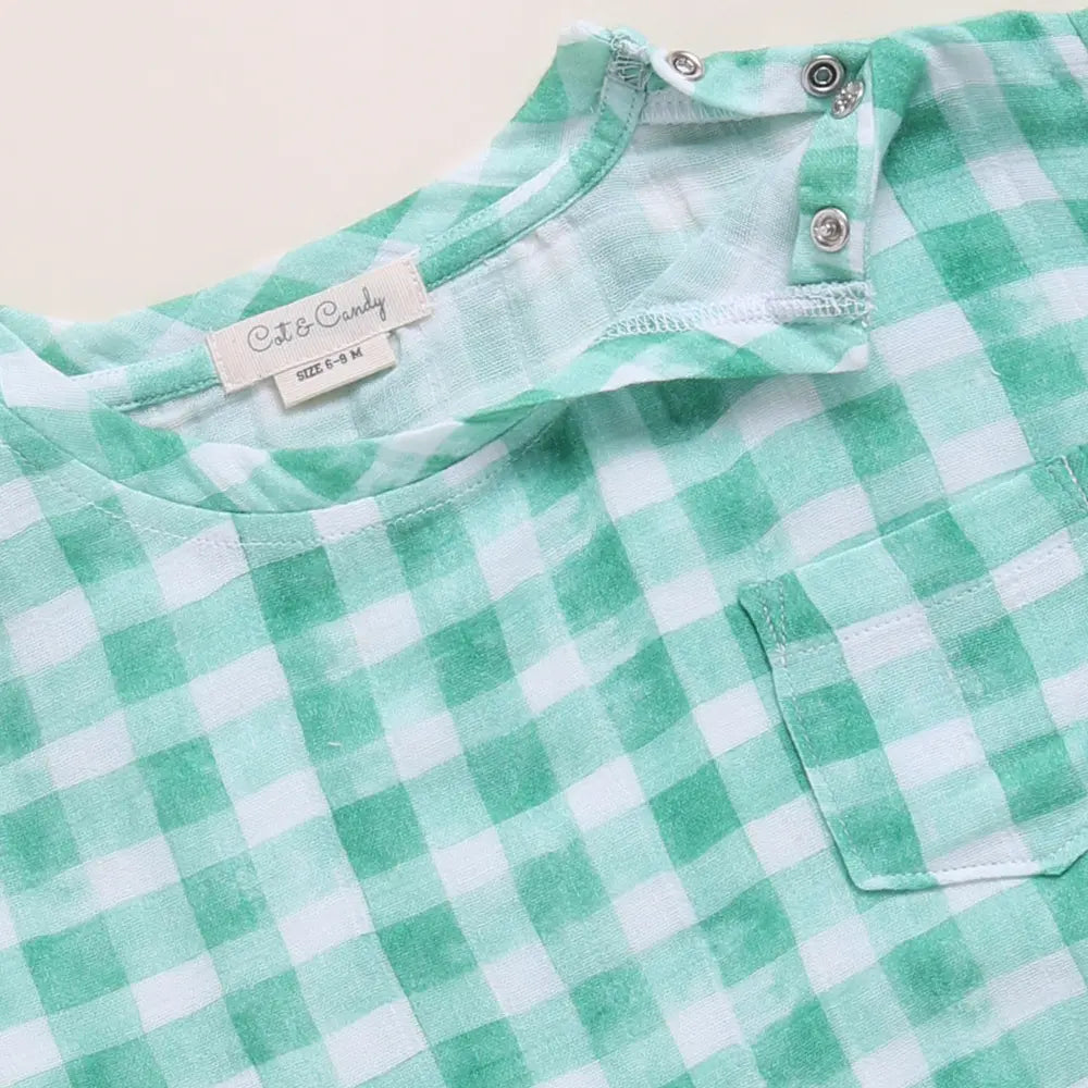Cot &amp; Candy Baby Organic Muslin Oversized Tees Pack Of 2-Teal Check + Sage Check