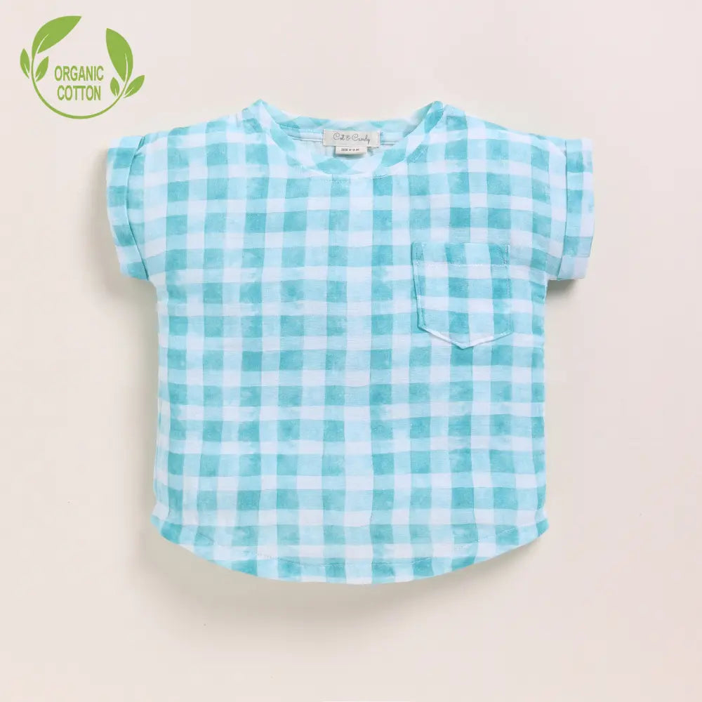 Cot &amp; Candy Baby Organic Muslin Oversized Tees Pack Of 2-Teal Check + Sage Check
