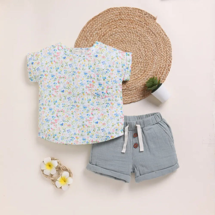 Cot &amp; Candy Baby Organic Muslin Oversized Tee With Muslin Shorts-Spring Floral + Sage