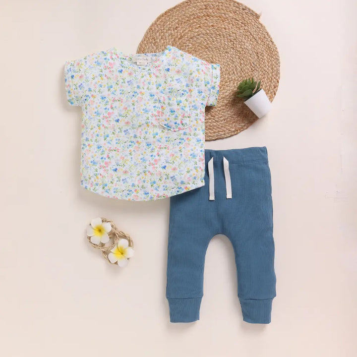 Cot &amp; Candy Baby Organic Muslin Oversized Tee With Legging-Spring Floral + Denim