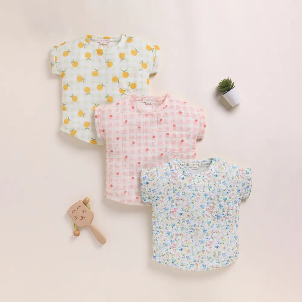 Cot &amp; Candy Baby Organic Muslin Oversized Tees Pack Of 3-Orange + Strawberry + Spring Floral