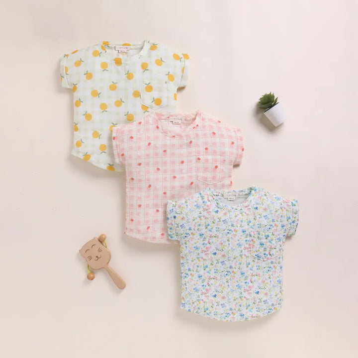 Cot &amp; Candy Baby Organic Muslin Oversized Tees Pack Of 3-Orange + Strawberry + Spring Floral
