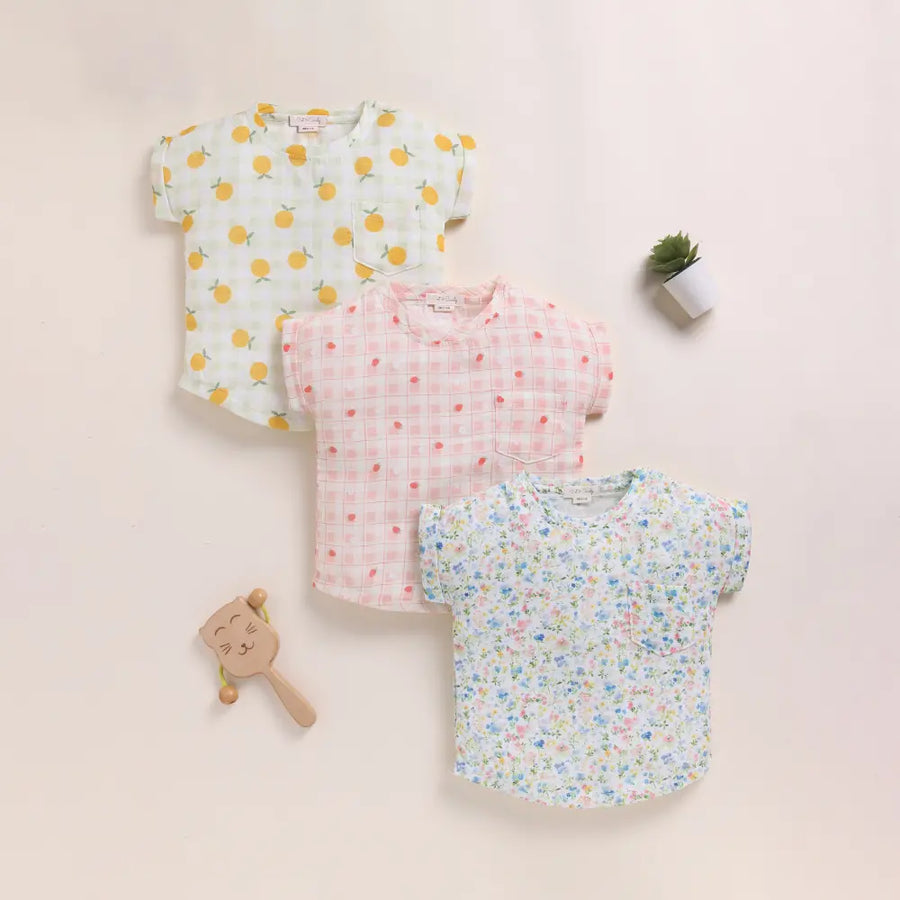 Cot & Candy Baby Organic Muslin Oversized Tees Pack Of 3-Orange + Strawberry + Spring Floral