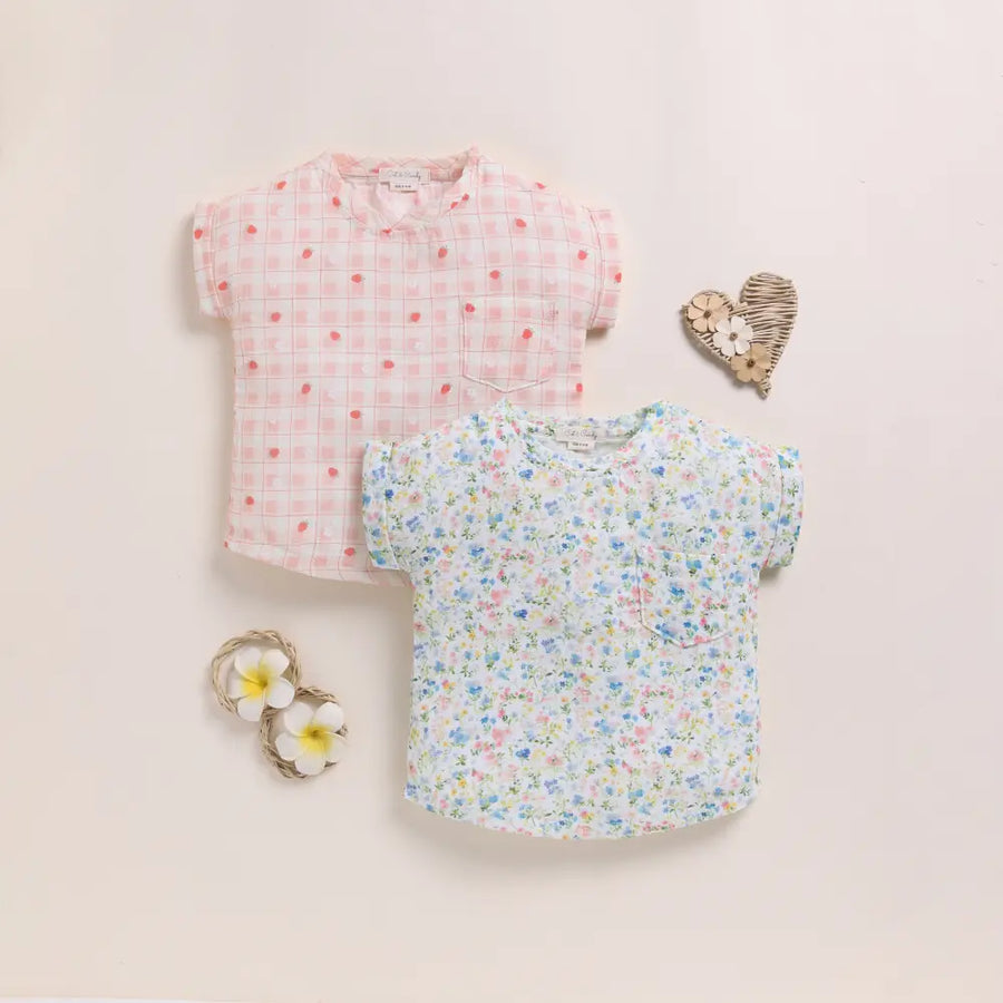 Cot & Candy Baby Organic Muslin Oversized Tees Pack Of 2-Strawberry + Spring Floral
