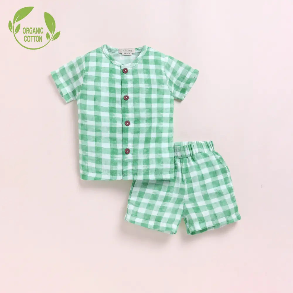 Cot &amp; Candy Baby Organic Muslin Jhabla Set - Teal Checks Print