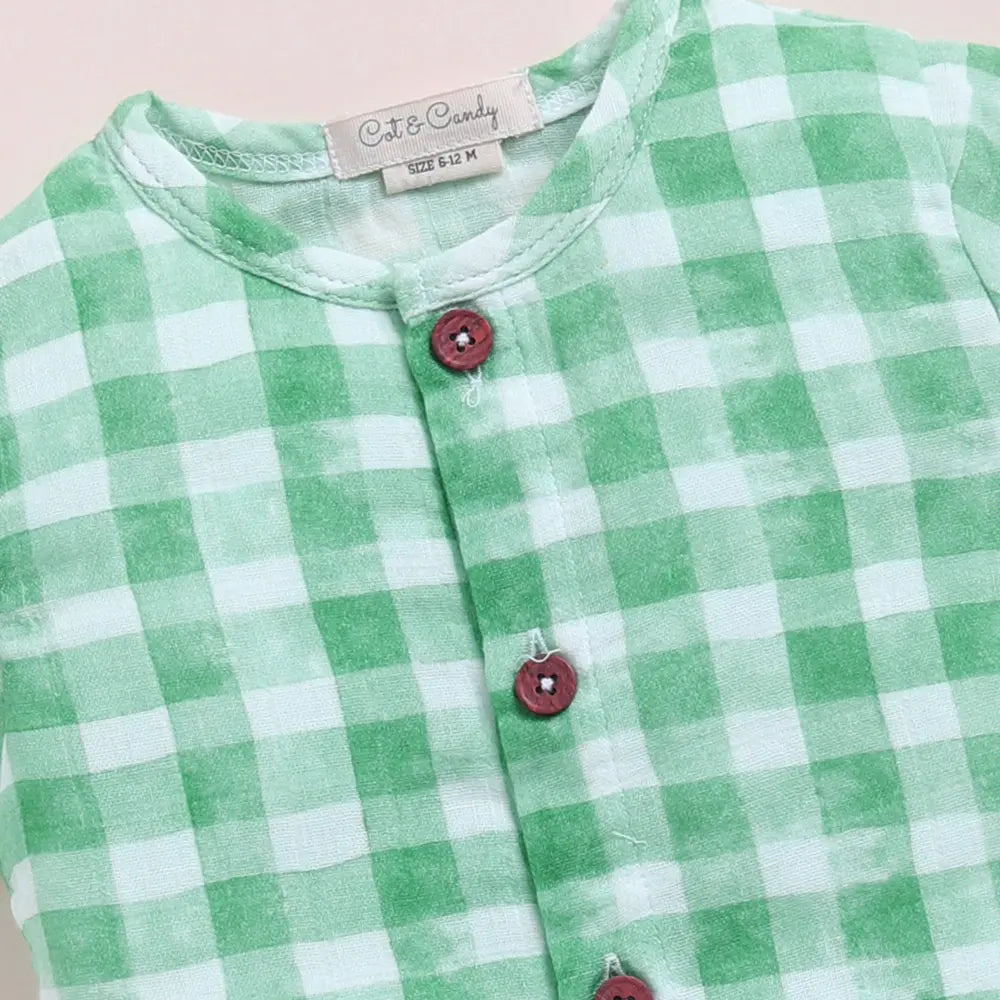 Cot &amp; Candy Baby Organic Muslin Jhabla Set - Teal Checks Print