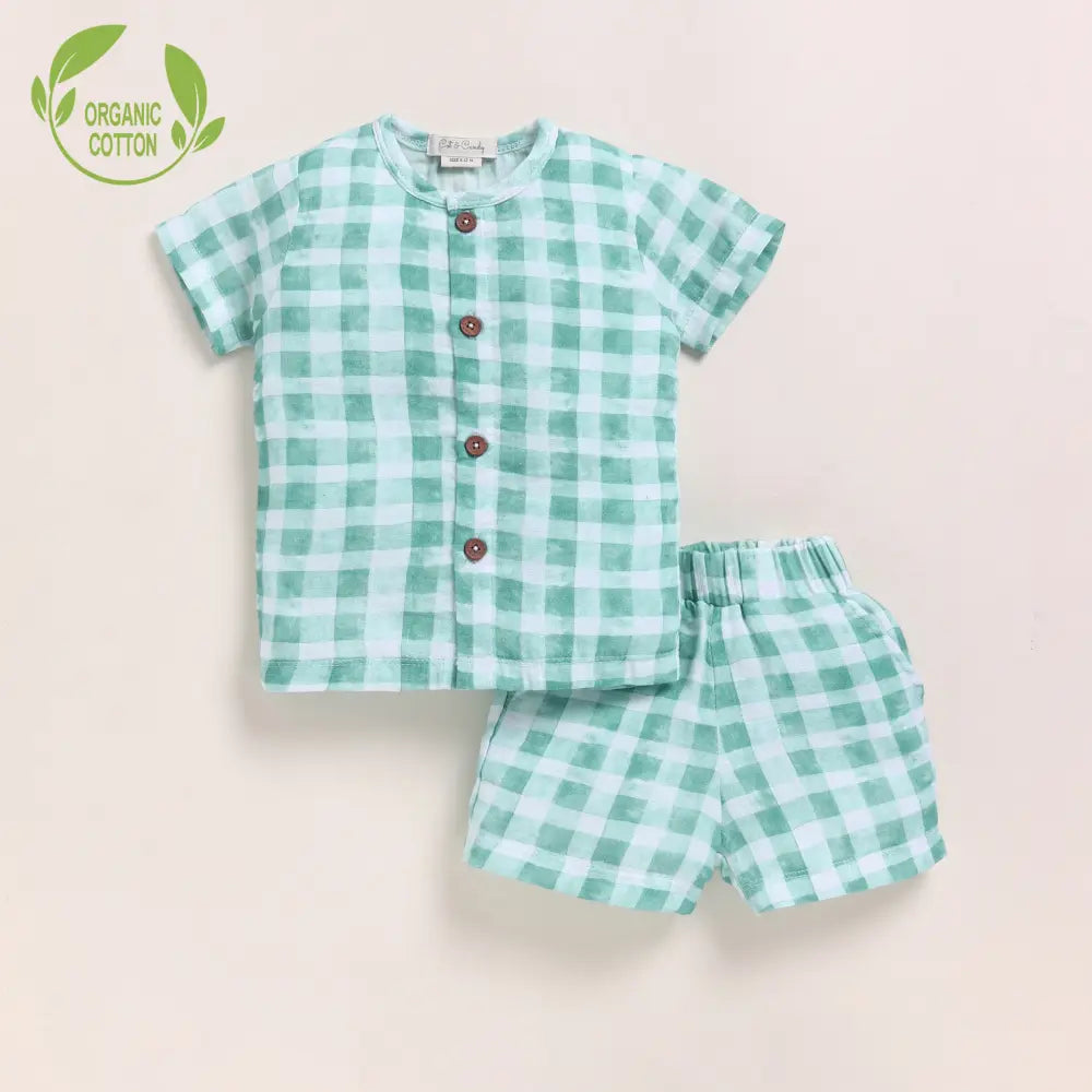 Cot &amp; Candy Baby Organic Muslin Jhabla Set - Sage Checks Print