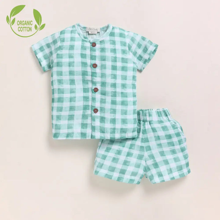 Cot &amp; Candy Baby Organic Muslin Jhabla Set - Sage Checks Print