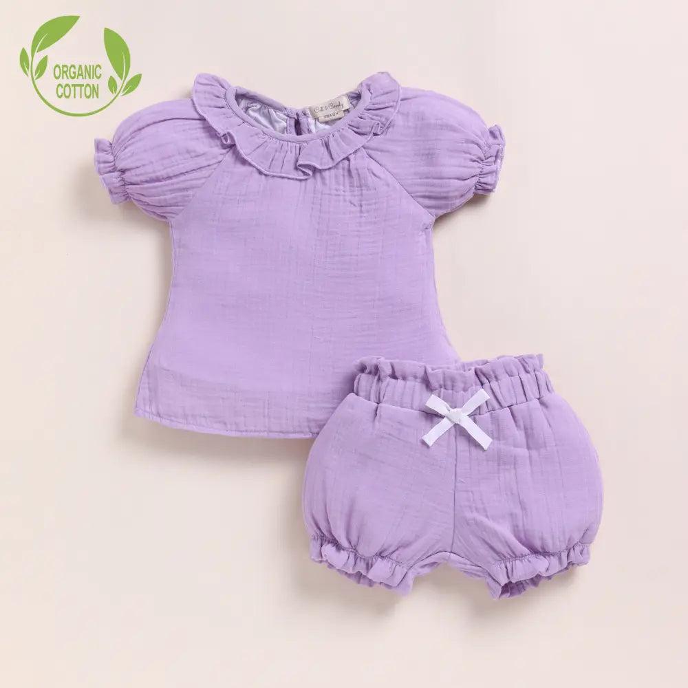 Cot &amp; Candy Baby Organic Muslin Frill Top Set - Lavender Haze