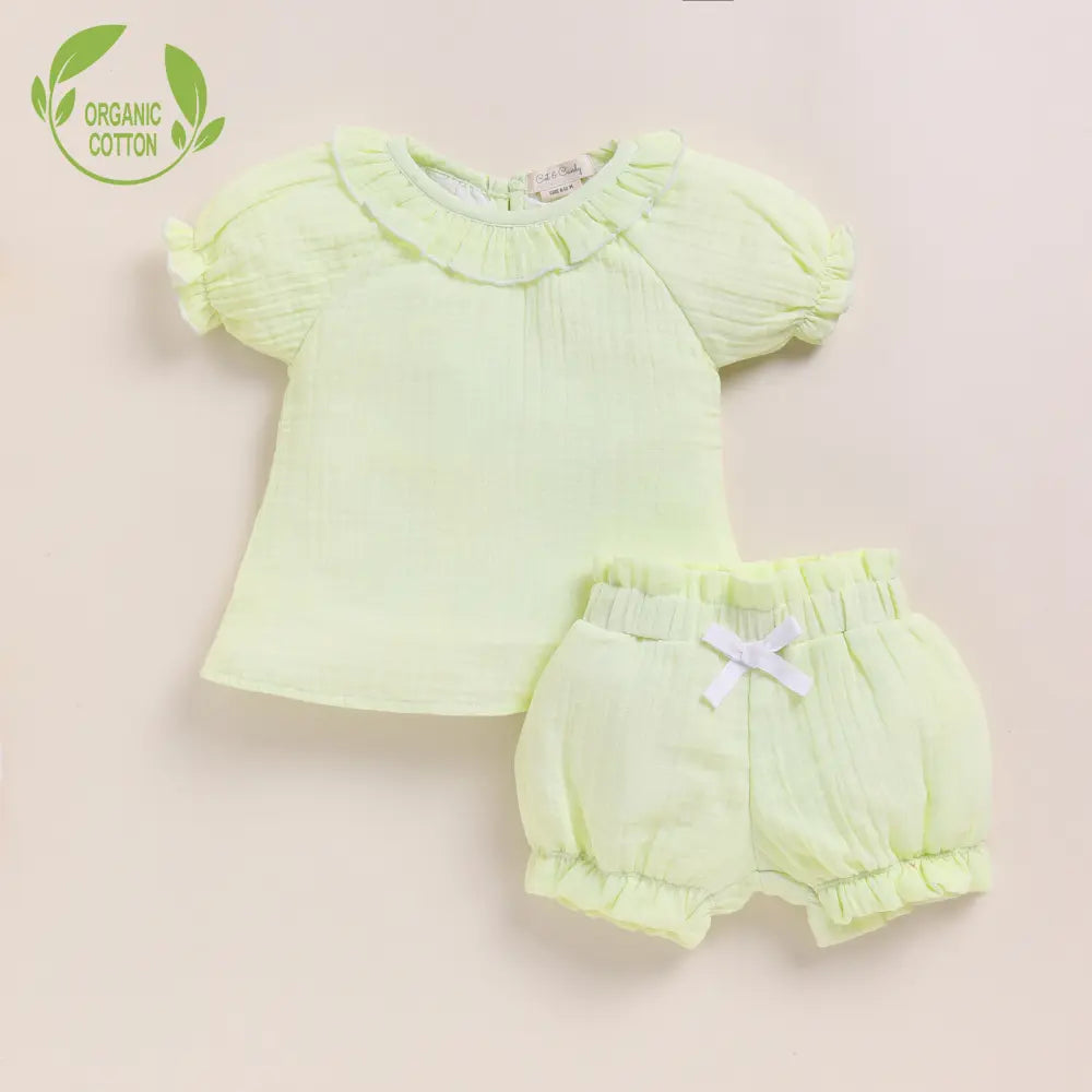 Cot &amp; Candy Baby Organic Muslin Frill Top Set-Pistachio Cream