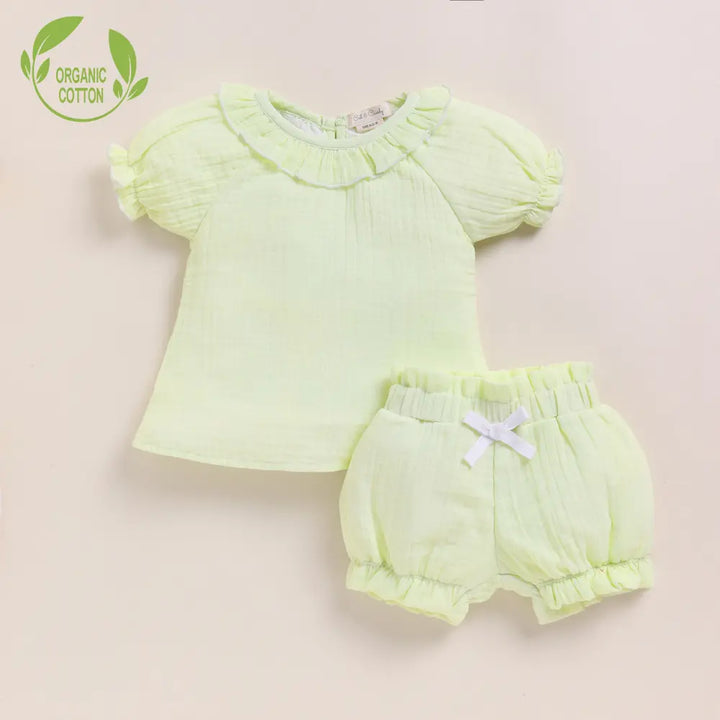 Cot &amp; Candy Baby Organic Muslin Frill Top Set-Pistachio Cream