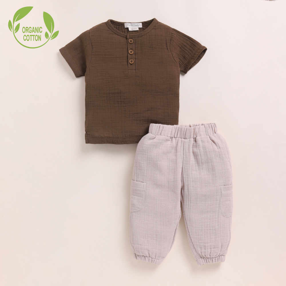 Cot &amp; Candy Baby Organic Muslin Short Sleeve Henley T-shirt With Lounge Pant Set-Cocoa Whisper + Oatmeal