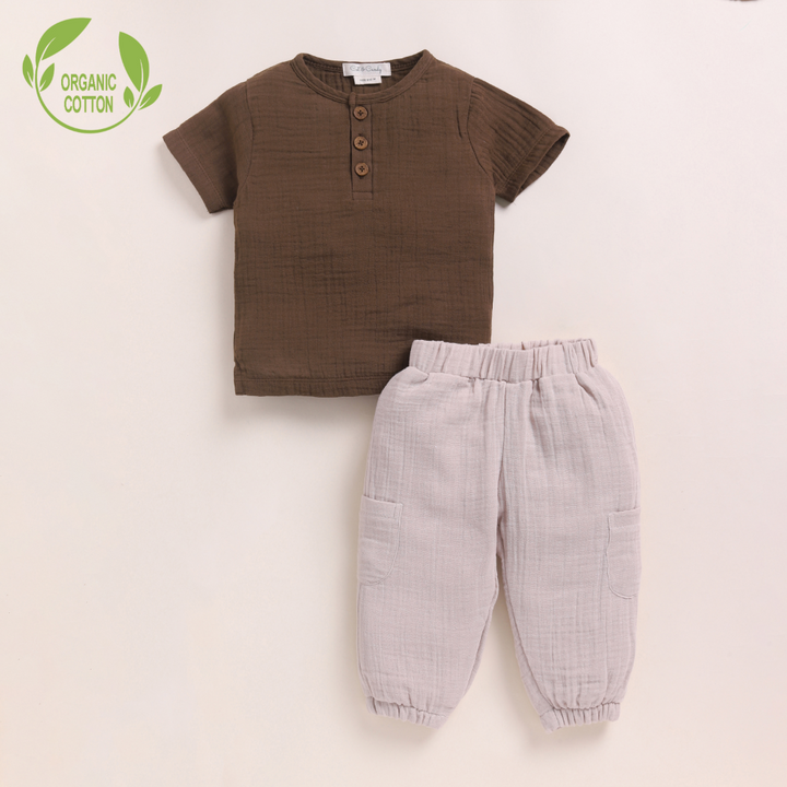 Cot &amp; Candy Baby Organic Muslin Short Sleeve Henley T-shirt With Lounge Pant Set-Cocoa Whisper + Oatmeal