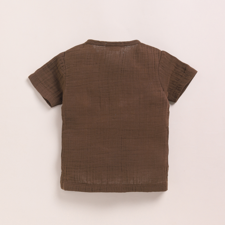 Cot &amp; Candy Baby Organic Muslin Short Sleeve Henley T-shirt With Lounge Pant Set-Cocoa Whisper + Oatmeal