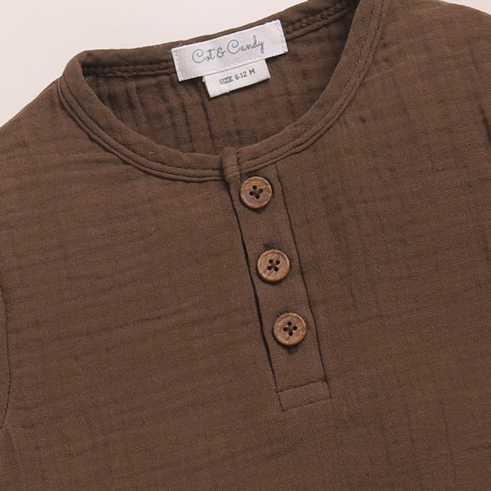 Cot &amp; Candy Baby Organic Muslin Short Sleeve Henley T-shirt With Lounge Pant Set-Cocoa Whisper + Oatmeal