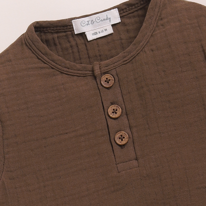 Cot &amp; Candy Baby Organic Muslin Short Sleeve Henley T-shirt With Lounge Pant Set-Cocoa Whisper + Oatmeal