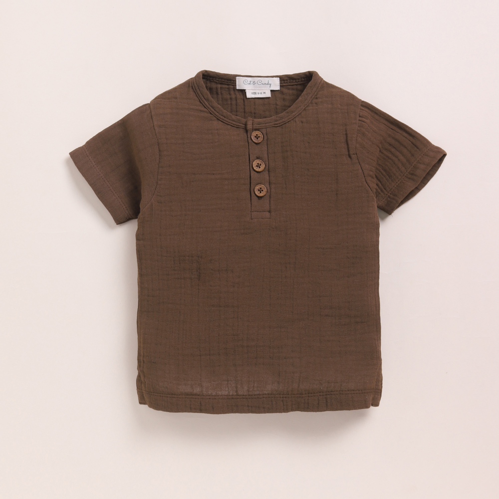 Cot &amp; Candy Baby Organic Muslin Short Sleeve Henley T-shirt With Lounge Pant Set-Cocoa Whisper + Oatmeal