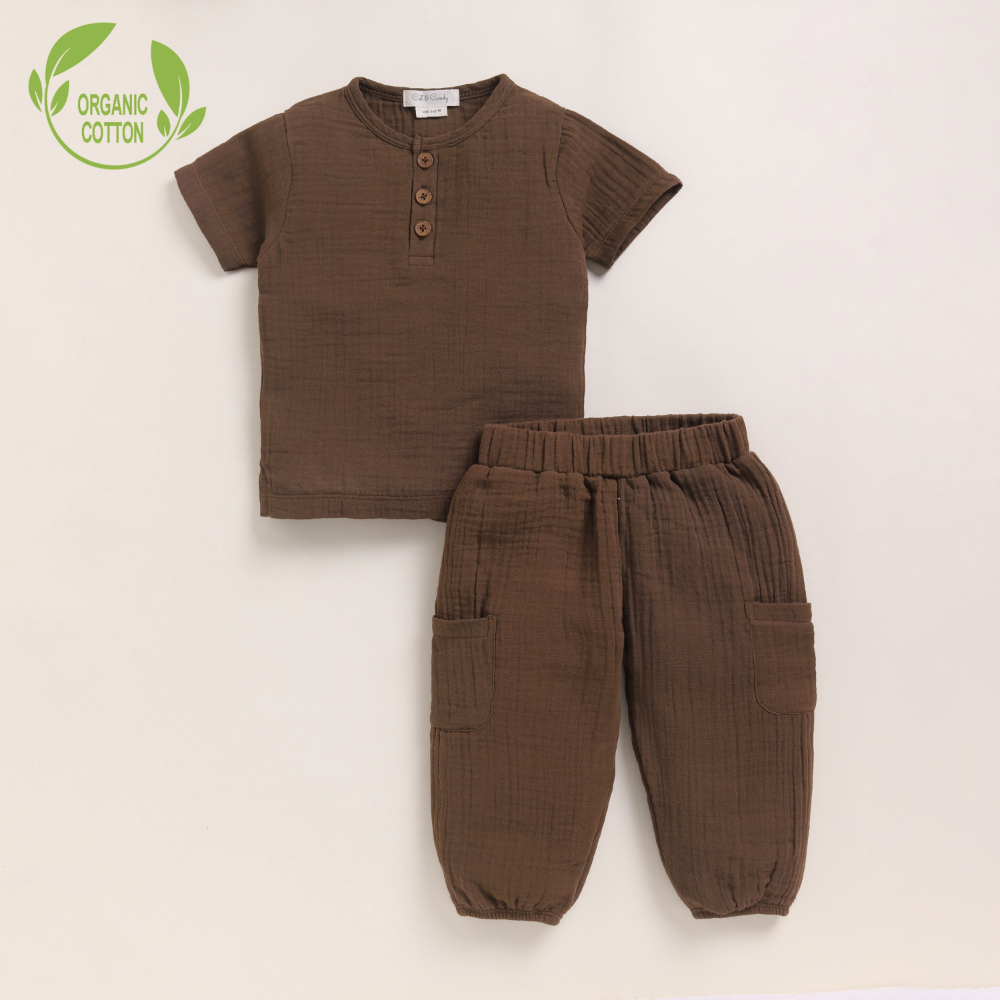 Cot &amp; Candy Baby Organic Muslin Short Sleeve Henley T-shirt With Lounge Pant Set-Cocoa Whisper