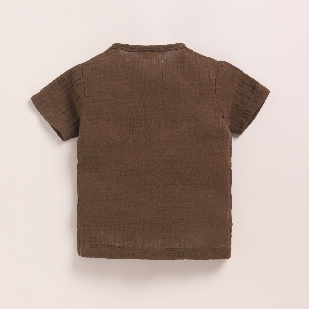 Cot &amp; Candy Baby Organic Muslin Short Sleeve Henley T-shirt With Lounge Pant Set-Cocoa Whisper