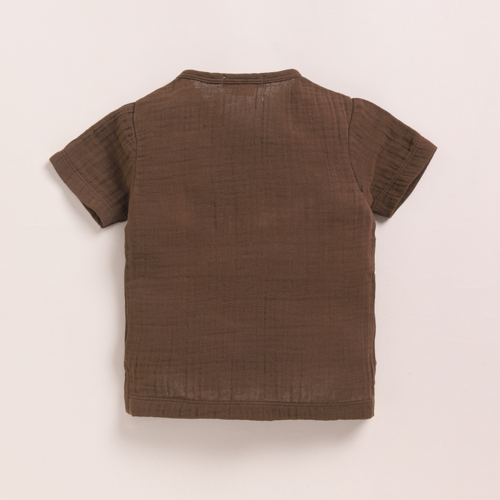 Cot &amp; Candy Baby Organic Muslin Short Sleeve Henley T-shirt With Lounge Pant Set-Cocoa Whisper