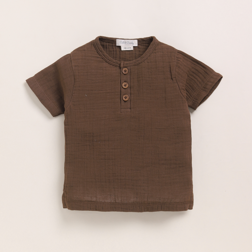 Cot &amp; Candy Baby Organic Muslin Short Sleeve Henley T-shirt With Lounge Pant Set-Cocoa Whisper