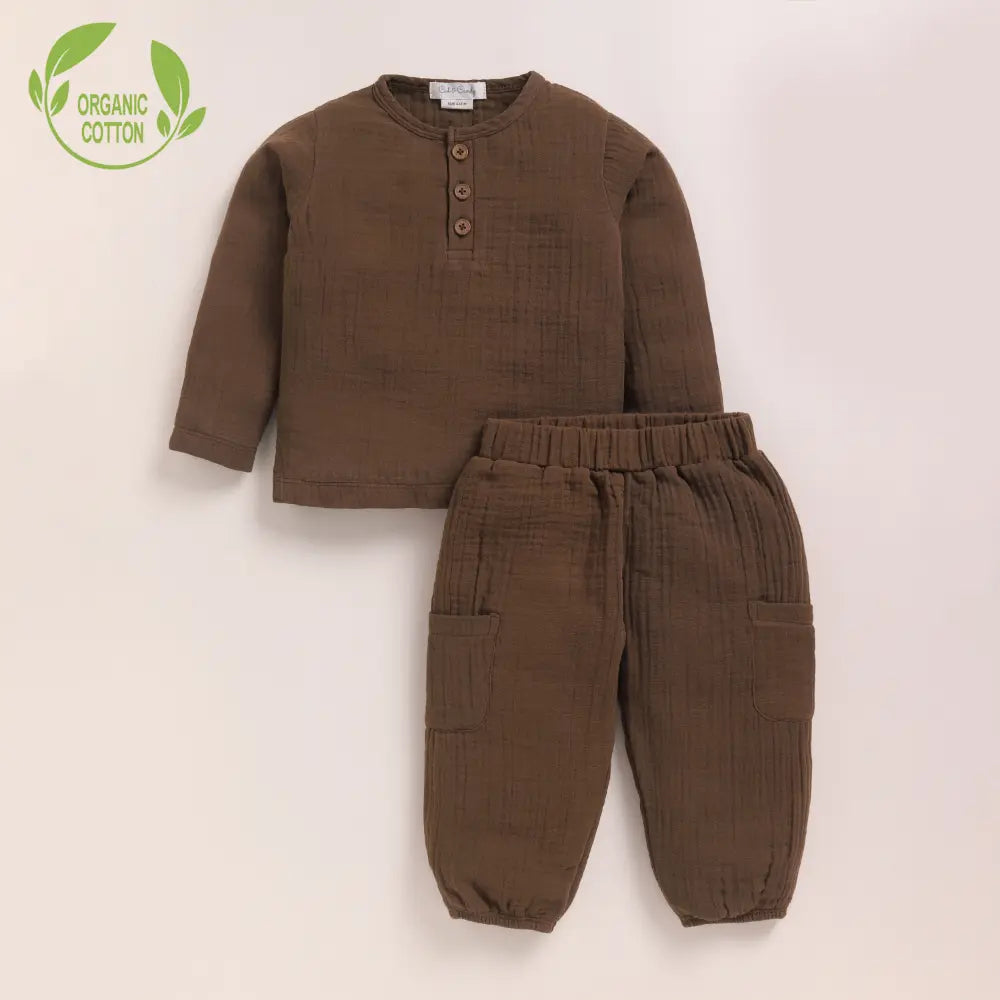 Cot &amp; Candy Baby Organic Muslin Long Sleeve Henley Tshirt With Lounge Pant Set-Cocoa Whisper